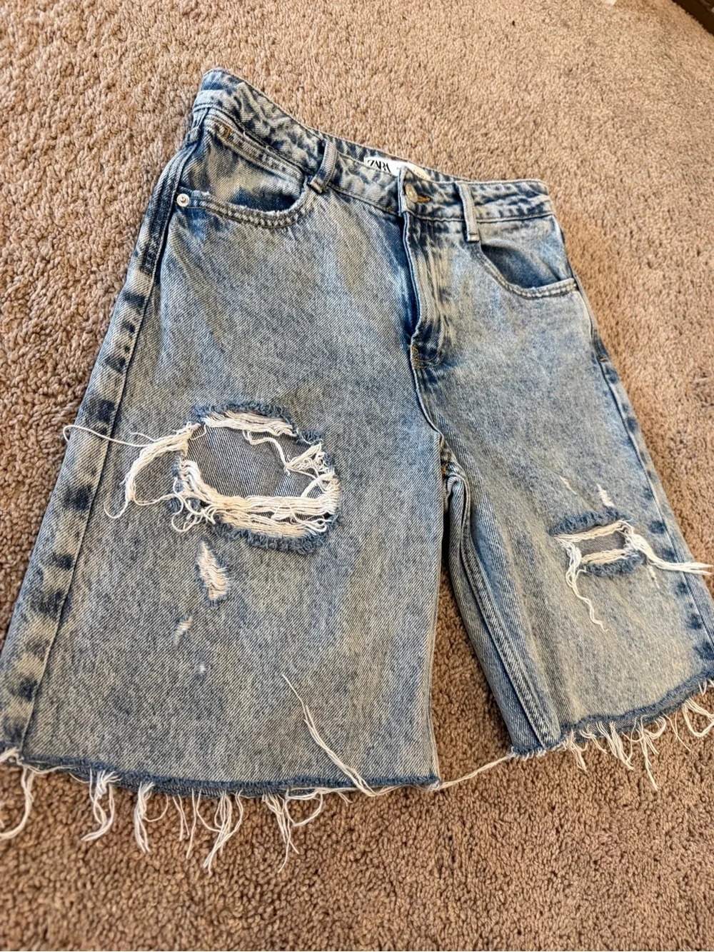Zara denim jorts longline baggy Light Blue Distressed Denim Bermuda long Shorts